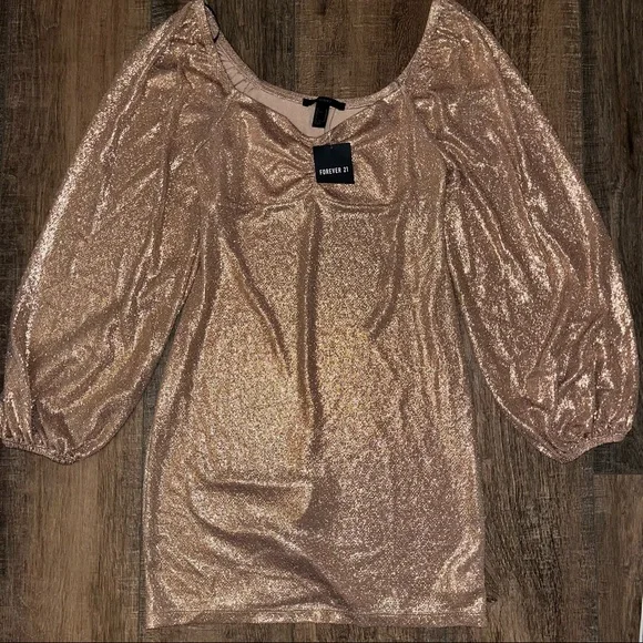forever 21 champagne dress Forever 21 Dress Womens M Medium Gold Flake Champagne Festival Mesh A95